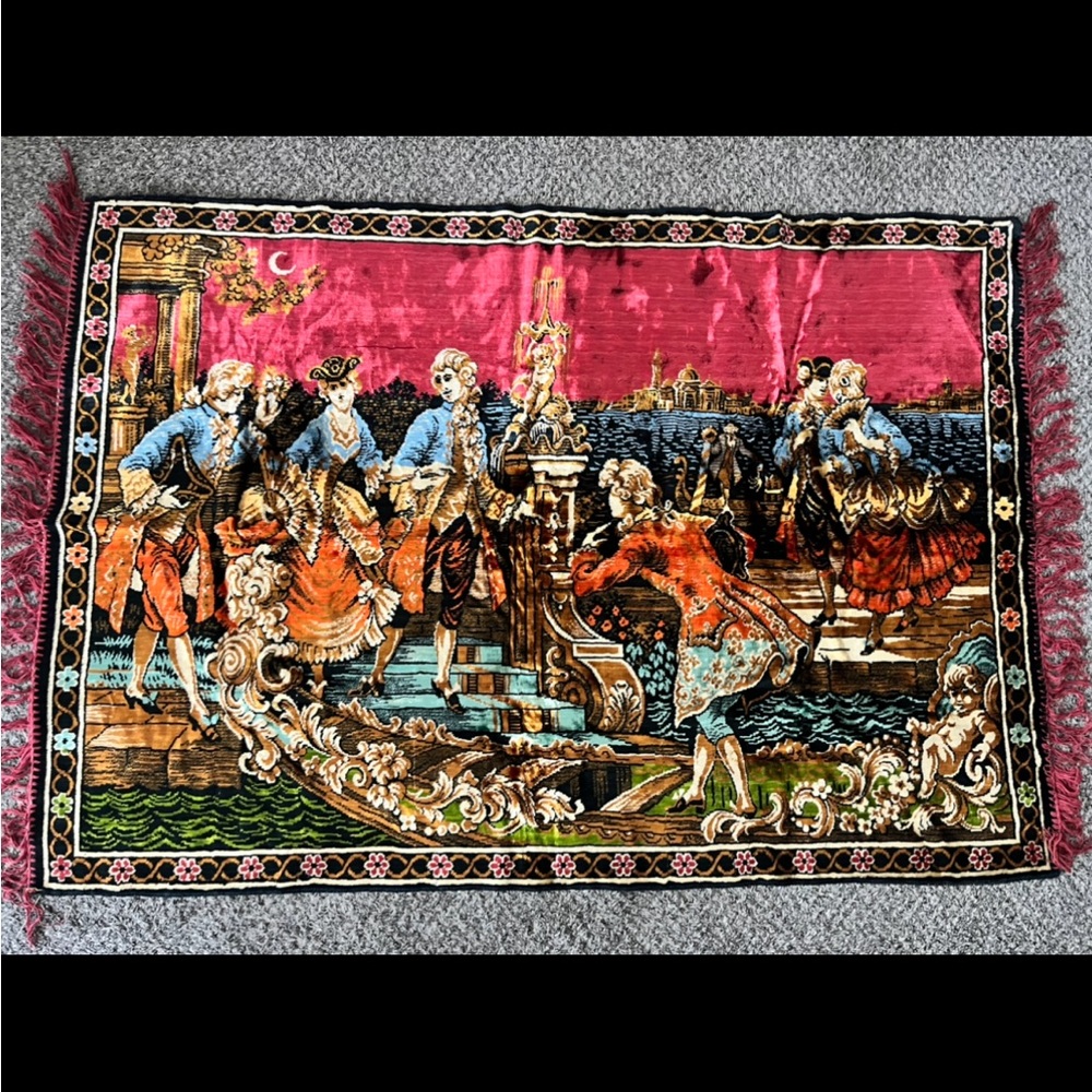 French Baroque Scene Velvet Wall Tapestry Fringe Trim 57”X40”
